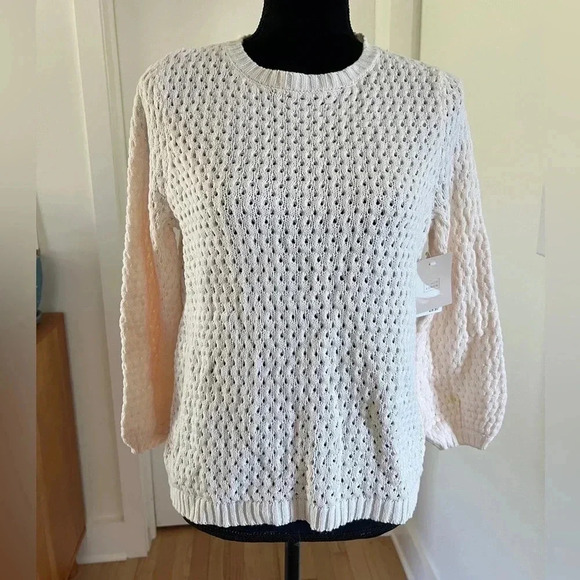 14th & Union Cream Lightweight Crochet Woven Sweater S Petite NWT - Picture 4 of 8